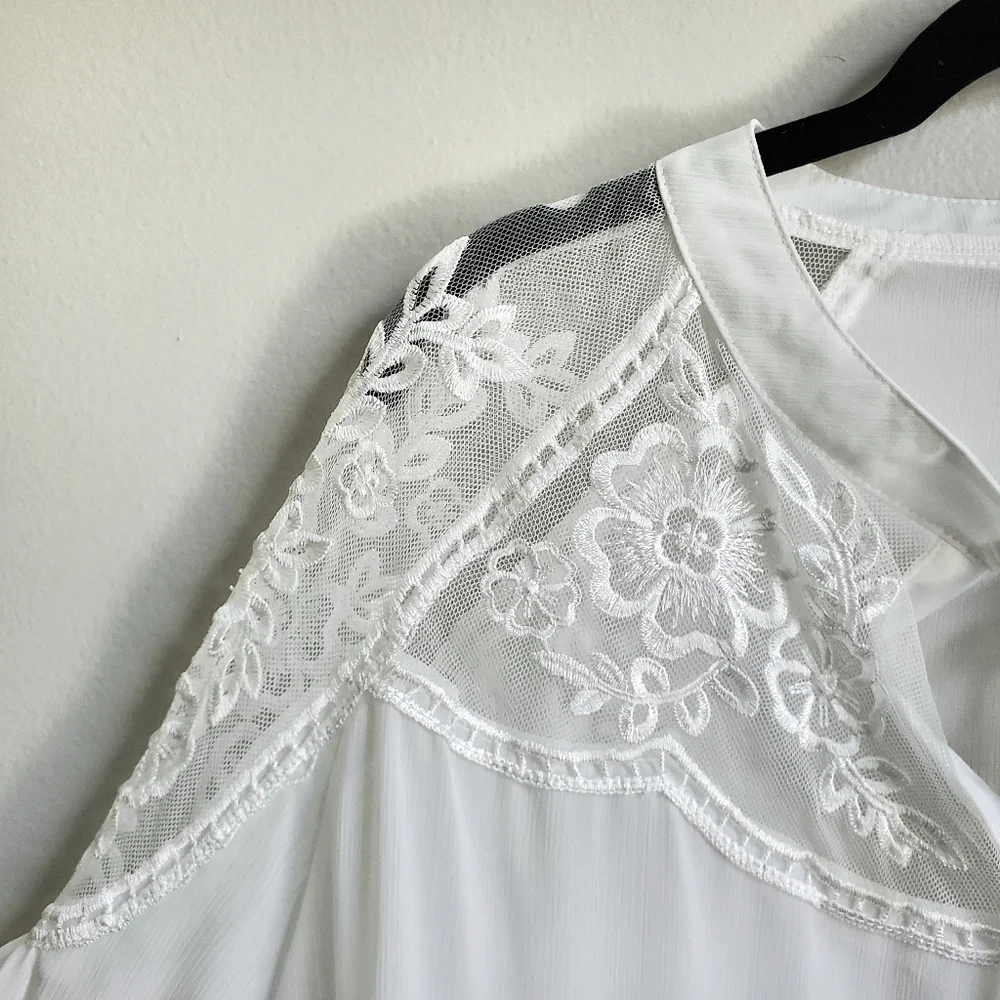 NEW Boho Embroidered Sheer Bishop Sleeve Gypsy Top Off White